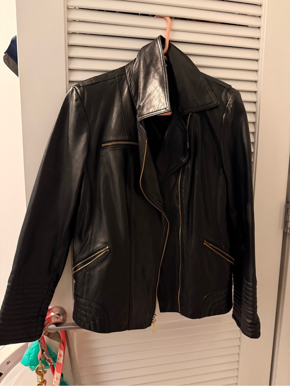Vince Camuto Black Leather Moto Jacket with Gold Zippers